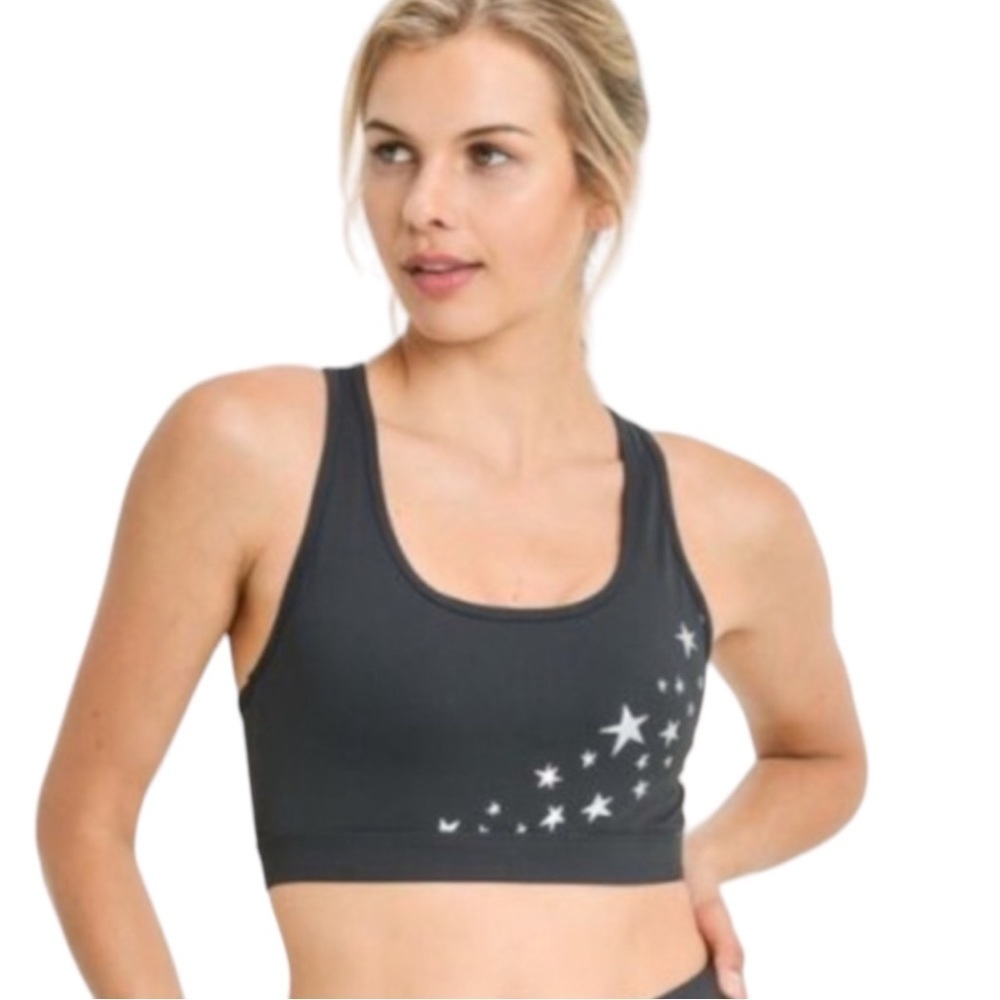 Mono B womens size S Sports bra racerback starts black silver star high support